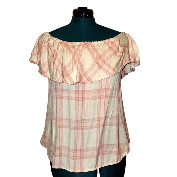 Sanctuary Clothing Off Shoulder Pink Plaid Misha Peasant Cottage Blouse Medium - Picture 2 of 7